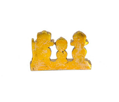 Brass back view of three-deity statue with three head shapes on platform