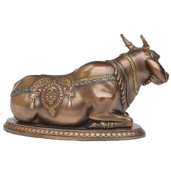 Nandi idol figurine, bronze-copper finish with detailed garland and motifs, polyresin