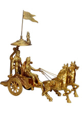 Krishna Arjun antique brass chariot with two horses, front view flag and cart wheels