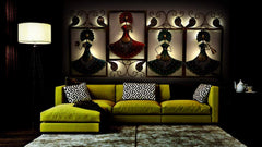 Four metal musician wall art figures with ornate scrollwork and colorful outfits