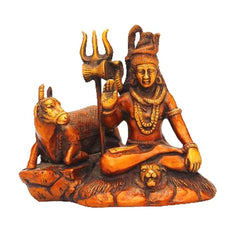 Brass Shiva sitting with holy cow figurine, copper red finish, holding trident