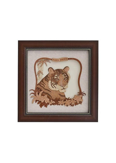 Wooden square frame wall decor with tiger portrait and leaf/floral border; AONA