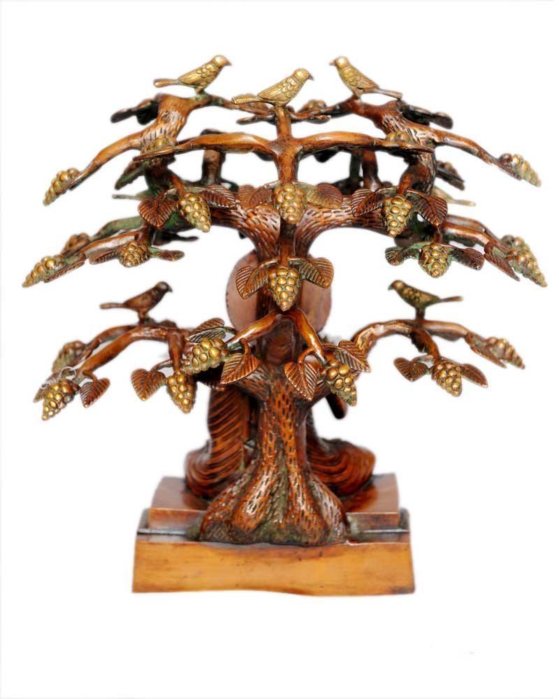 Brass Buddha sitting under Bodhi tree Statue (Height: 15 inches)