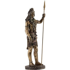 Shiva statue holding tall trishul, bronze-tone, profile view with jewelry and drape