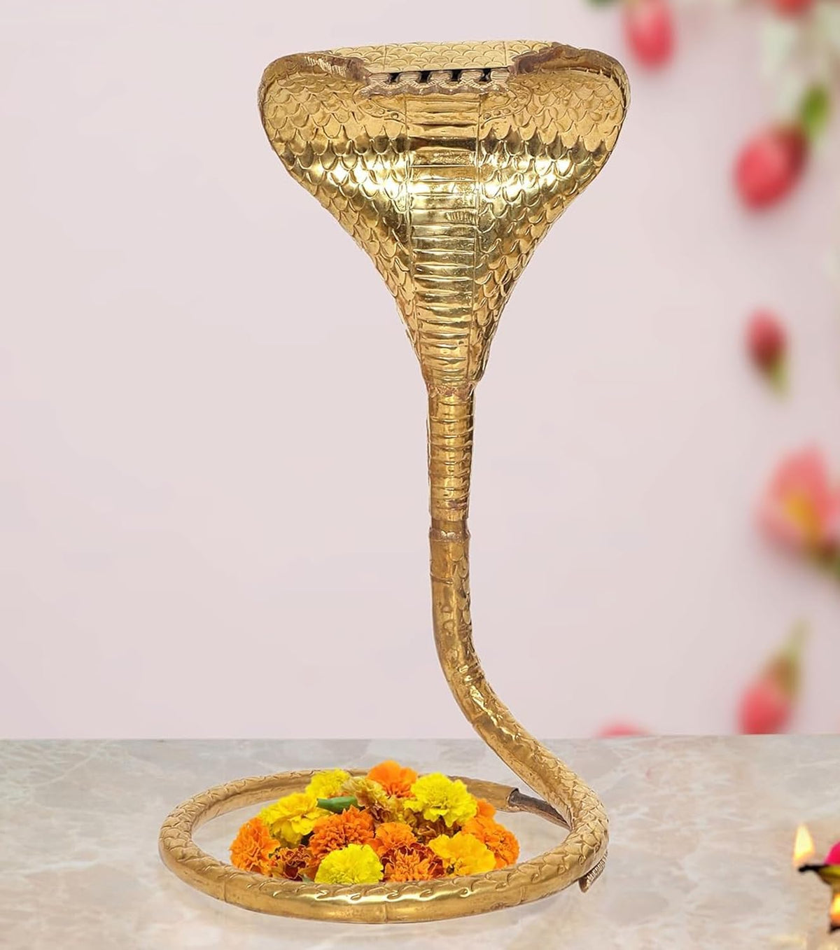 Brass naag (snake) Shivling idol stand with coiled base and cobra hood, 22 inch