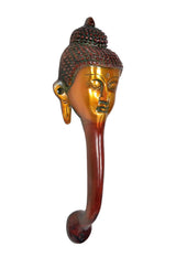 Side view Buddha-face door handle, gold face with ear details, red stem
