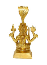 Gold brass Durga idol with four raised hands and sword-like staffs, 5.1 in