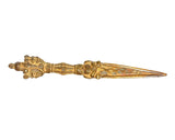 Brass furba dagger pendant with lion-like face guard, pointed blade, filigree multicolor inlay