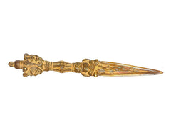 Brass furba dagger pendant with lion-like face guard, pointed blade, filigree multicolor inlay