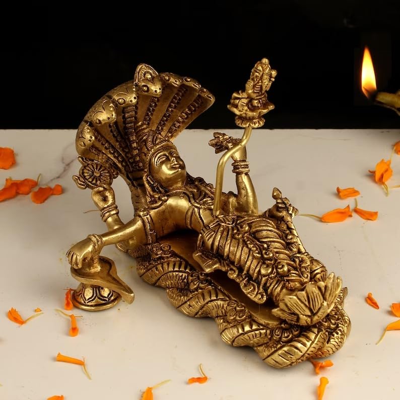 Brass Vishnu Padmanabhan Swami Statue on Sheshnag (Anantdeva) – Idol for Home Temple & Décor (Height : 5.9 Inches) Craft Detail
