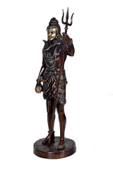 Brass Shiva idol, 19 in, side view holding trident staff, patterned drape