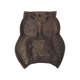 Back view brass owl decor with smooth back panel and small hanging loop detail.