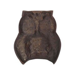 Back view brass owl decor with smooth back panel and small hanging loop detail.