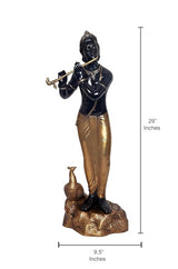 Black Krishna idol statue size: 29 inches tall, 9.5 inches wide; flute and gold accents