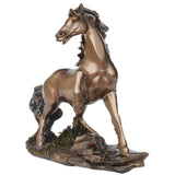 Running horse polyresin statue, rear angle, raised mane, on rocky floral base