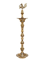 Brass peacock diya stand, tall tiered column with wide bowl holder and round base
