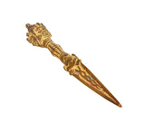 Brass Tibetan furba dagger pendant, lion-face pommel, pointed tip, decorative blade inlay