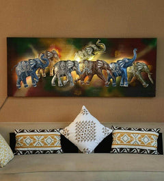 Iron running elephants wall art with LED lights, five decorative elephants in blue tones