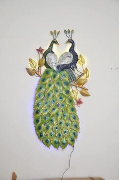 Double iron peacock wall decor with LED cord, green feather fan and silver center wings