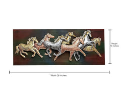Framed metal wall art with seven running horses, 36 in wide and 14 in high