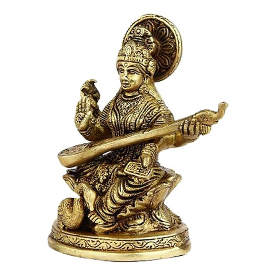 Brass Saraswati, Small 12.7cm X 5.08cm - Golden Finish