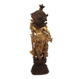 Back view of 29-inch Radha Rani brass idol, ornate crown and circular halo
