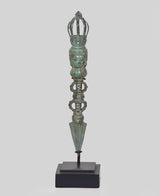 Vintage bronze phurpa ritual dagger with crown top and carved figures on dark base