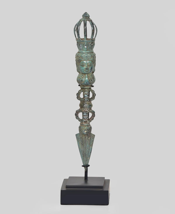 Vintage Indonesian Bronze Phurpa Ritual Dagger Tibetan Buddhist with wooden base (Height 14 Inch)