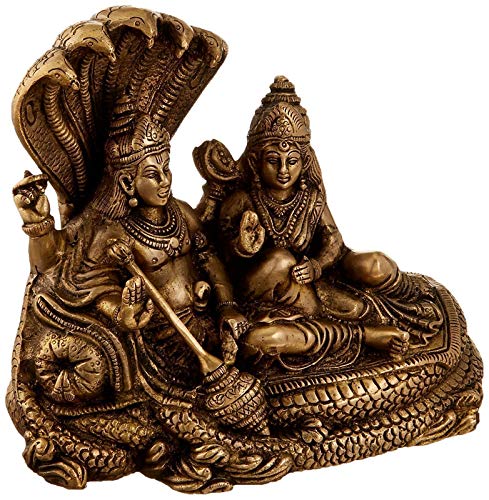 Brass Maa Lakshmi and Lord Vishnu idol statue on Sheshnag, seated on serpent base