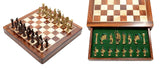 Wooden chessboard set with brass pieces, shown in the open storage tray