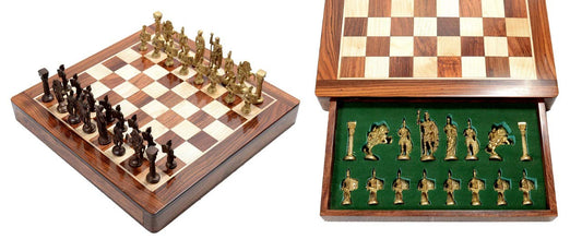Vintage Wooden Chess Board with Brass Roman Piece - (Size 14"x14")