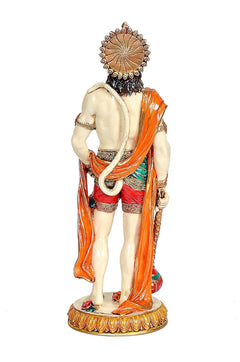 Lord Hanuman figurine back view, orange robe drape and decorative halo behind head