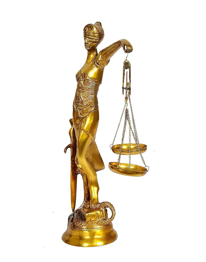 Brass Justice Lady Idol Statue Blindfolded Sculpture Golden Height 9.8 Inches