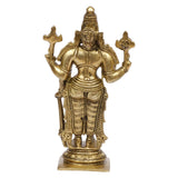 Brass Vishnu Narayana idol, rear three-quarter view, ornate crown and symbols, on base