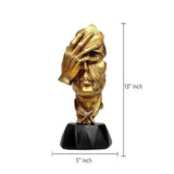 13 inch polyresin human face table decor, gold finish, black base; 5 inch width