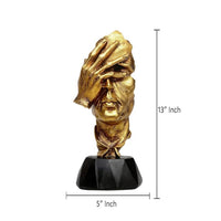 13 inch polyresin human face table decor, gold finish, black base; 5 inch width