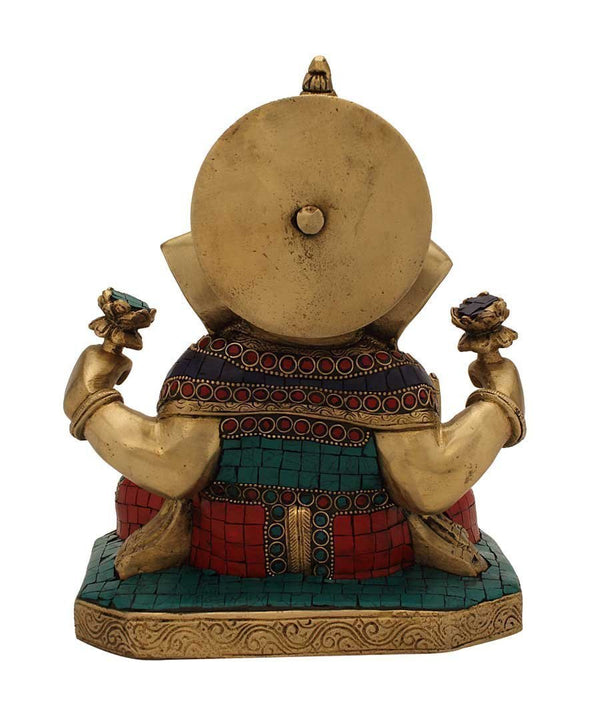 Brass Dagdu Ganesha Twisted Trunk Statue (Height 12 Inches) Study Setting