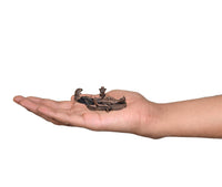 Copper Vishnu-Lakshmi idol on Sheshnag serpent in open palm, small 1-inch size
