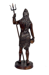 Brass Shiva idol, 19 in, back view with trident raised, sculpted hair and ornaments