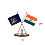 Brass flag stand dimensions: 12 in height, 42 in width, with two Indian flags
