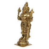 Brass Vishnu Narayana idol, side view, raised hand and standing pose on square base