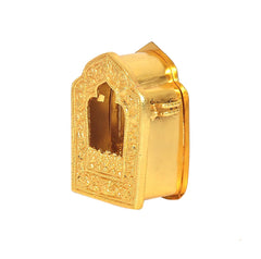 Gold-tone gau box side view with clasp details and ornate frame around arched opening