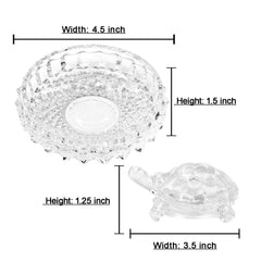 Kristall-Tablett und Schildkröten-Figurine, Maße zeigen Breite und Höhe
