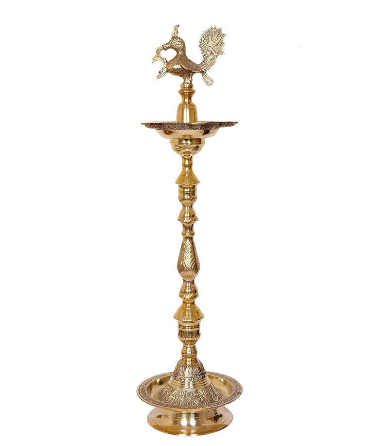 Brass Oil Lamp Diya Stand with Peacock Design - Handcrafted Indian Decor for Home and Pooja (Height 42 Inch)