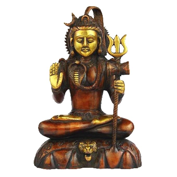 Brass Shiva seated statue with trident, copper-red finish and lion base, 25.4 cm