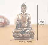 Buddha statue size: 3 in height, 2.3 in width, gold-tone resin seated