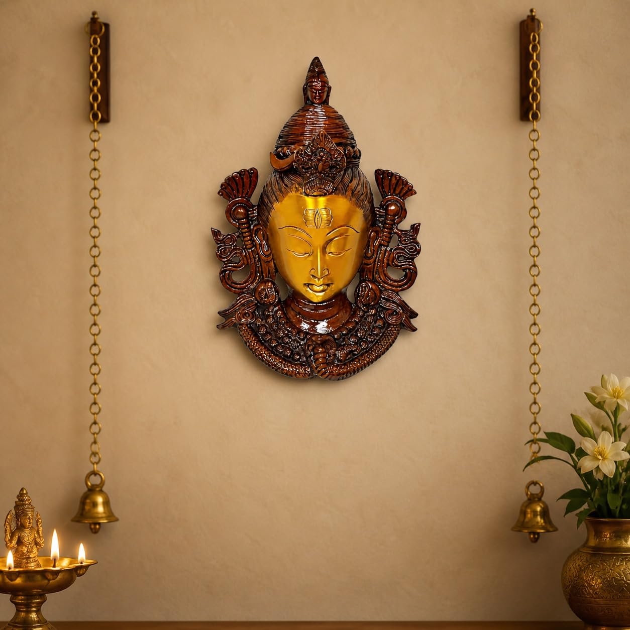 Brass Shiva Head Wall Hanging Mask, Multicolor, Religious Theme (Height:11 Inches)
