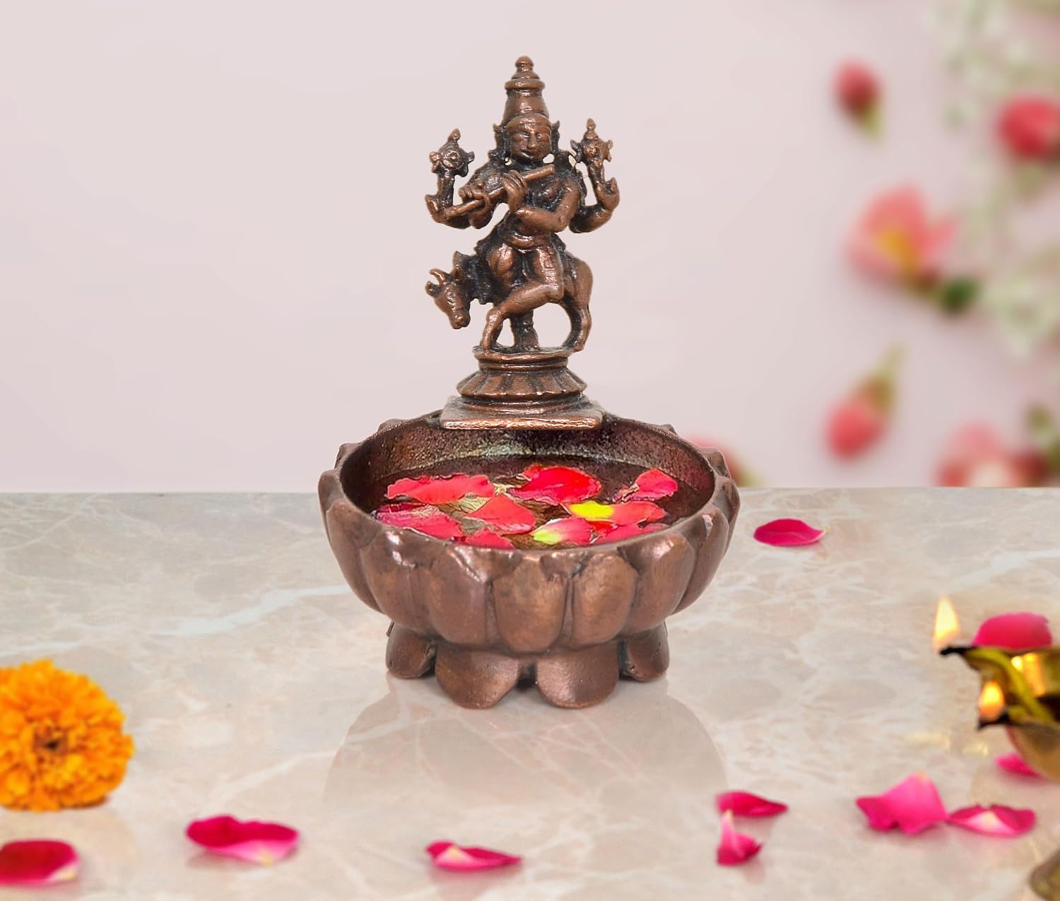 AONA Copper Krishna Urli Bowl for Floating Flowers Showpiece 