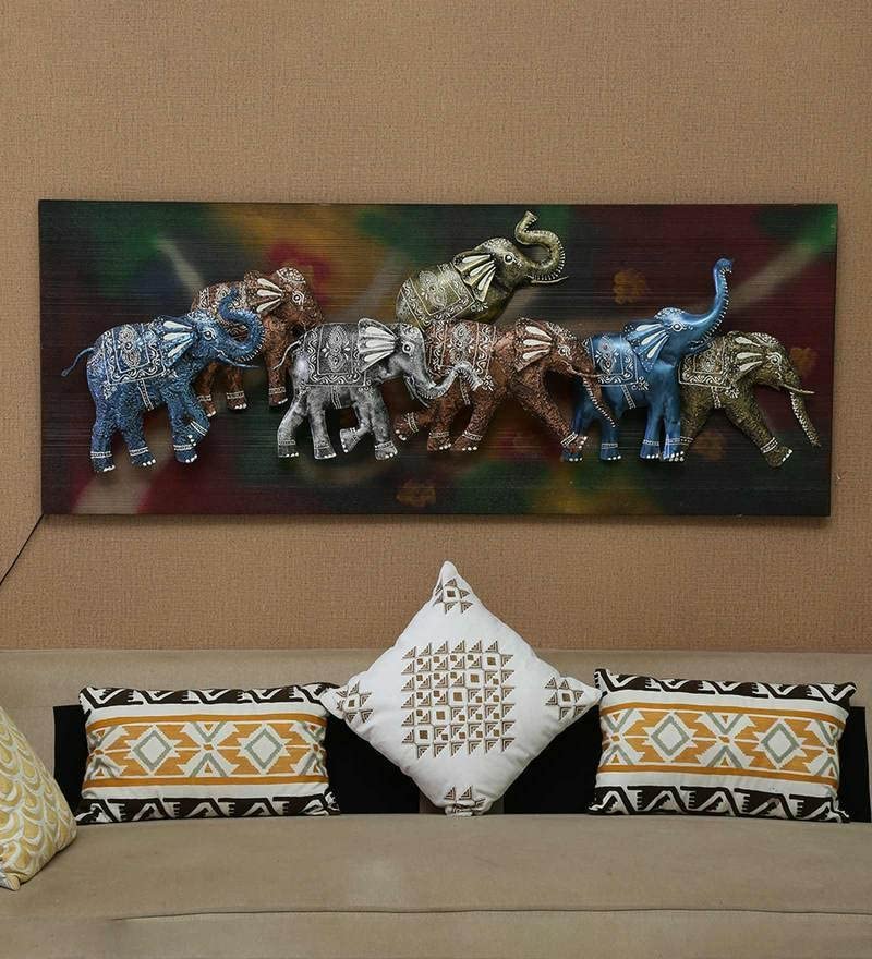 Iron running elephant wall decor with LED lights, five ornate blue and gold elephants