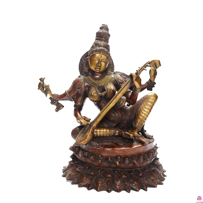 Brass Saraswati statue seated with veena, 18-inch height, detailed golden face